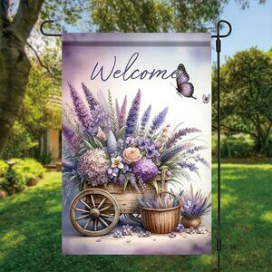 Vibrant Purple Lavender & Hydrangea Welcome Garden Flag